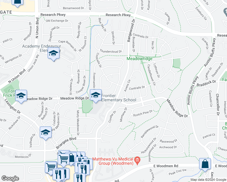 map of restaurants, bars, coffee shops, grocery stores, and more near 3930 Beltana Drive in Colorado Springs