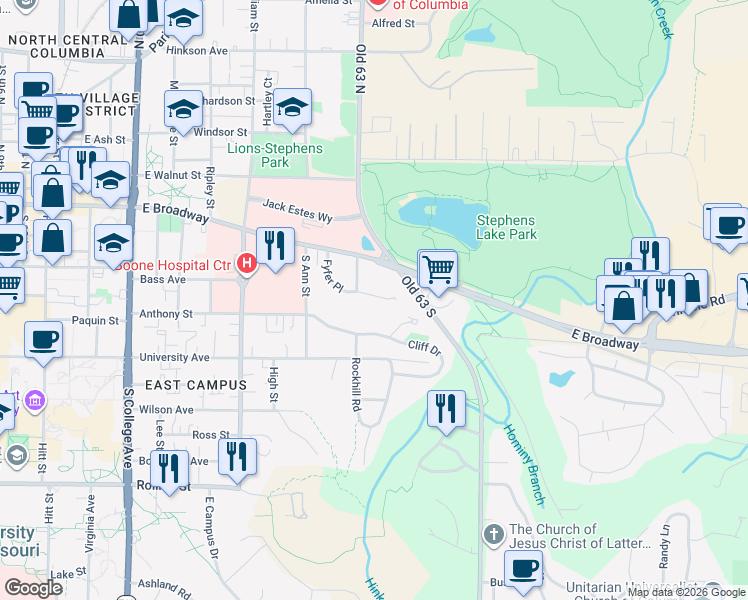 map of restaurants, bars, coffee shops, grocery stores, and more near 1808 Sunrise Drive in Columbia