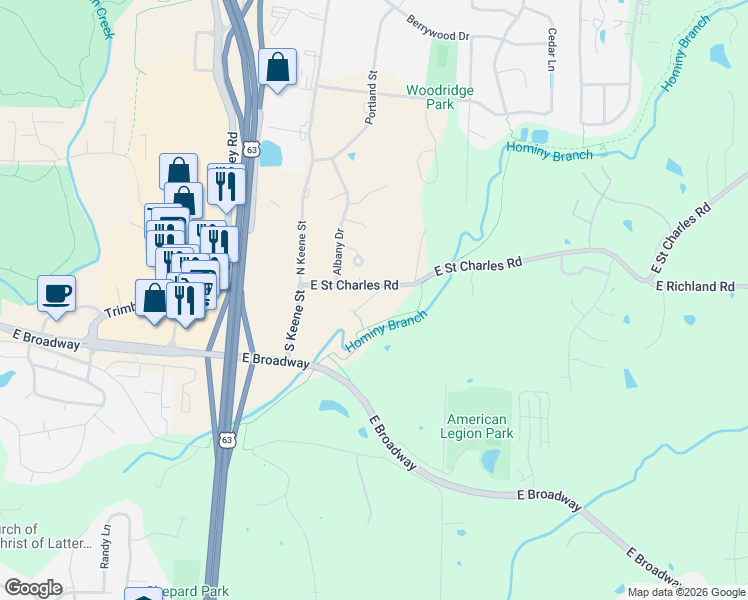 map of restaurants, bars, coffee shops, grocery stores, and more near 3409 East Saint Charles Road in Columbia