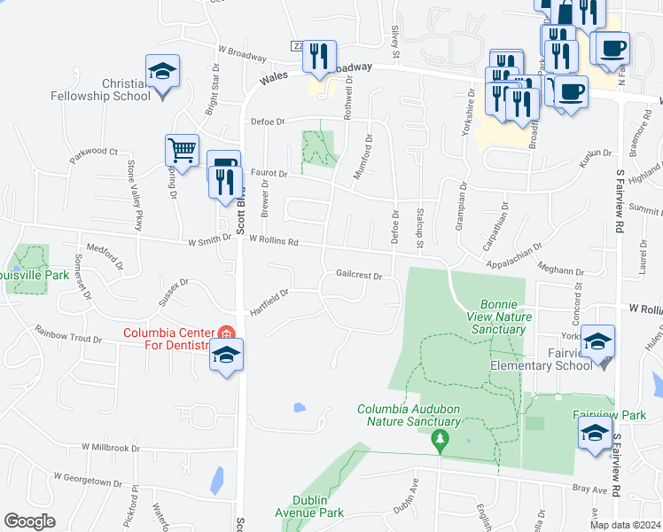 map of restaurants, bars, coffee shops, grocery stores, and more near 3913 Gailcrest Drive in Columbia