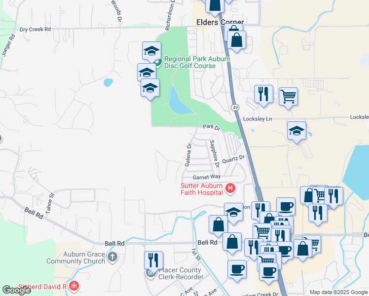 map of restaurants, bars, coffee shops, grocery stores, and more near 3665 Galena Drive in Auburn