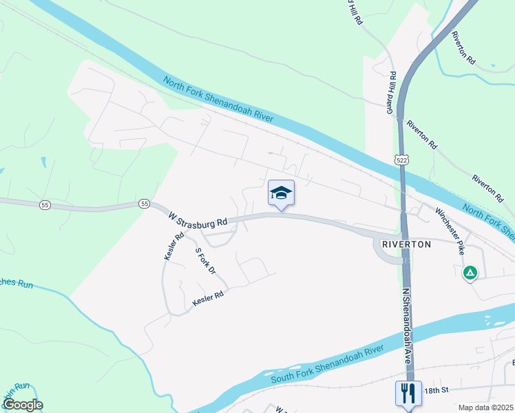 map of restaurants, bars, coffee shops, grocery stores, and more near 284 West Strasburg Road in Front Royal