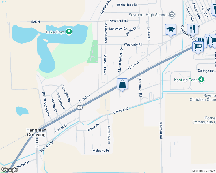 map of restaurants, bars, coffee shops, grocery stores, and more near 1580 West 2nd Street in Seymour