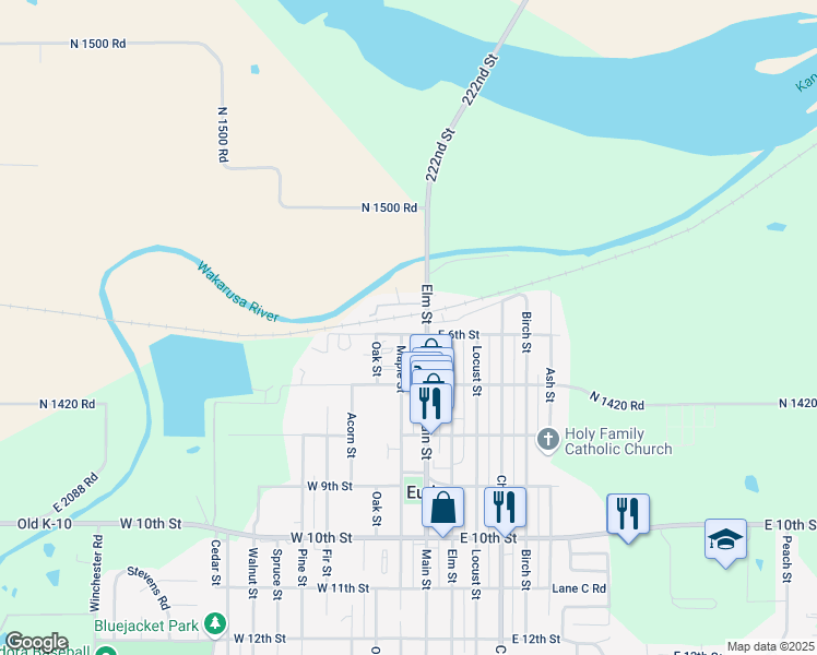 map of restaurants, bars, coffee shops, grocery stores, and more near 100 West 6th Street in Eudora