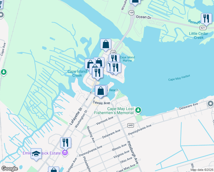 map of restaurants, bars, coffee shops, grocery stores, and more near 1527 Yacht Avenue in Cape May