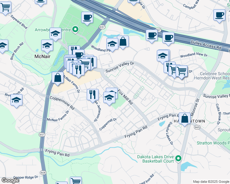 map of restaurants, bars, coffee shops, grocery stores, and more near 13225 Rolling Plains Court in Herndon