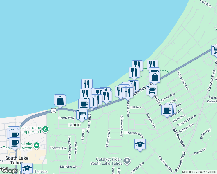 map of restaurants, bars, coffee shops, grocery stores, and more near 920 Balbijou Road in South Lake Tahoe