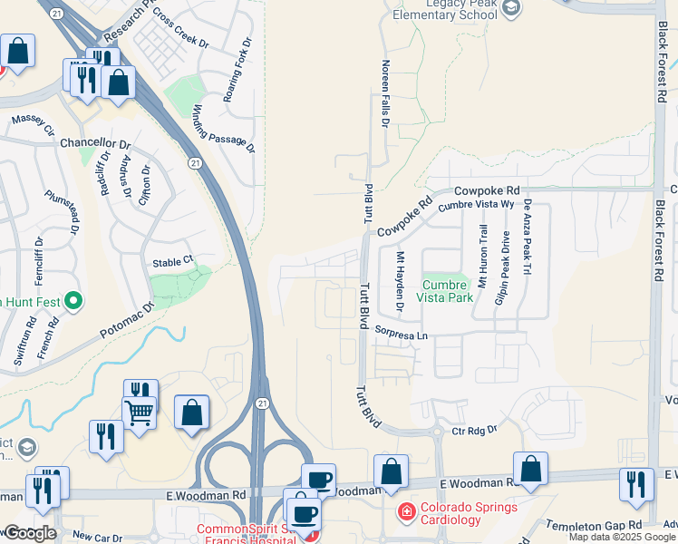 map of restaurants, bars, coffee shops, grocery stores, and more near 5975 Karst Heights in Colorado Springs