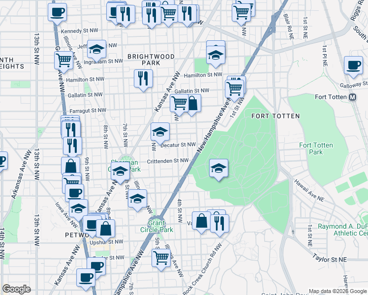 map of restaurants, bars, coffee shops, grocery stores, and more near 320 Decatur Street Northwest in Washington