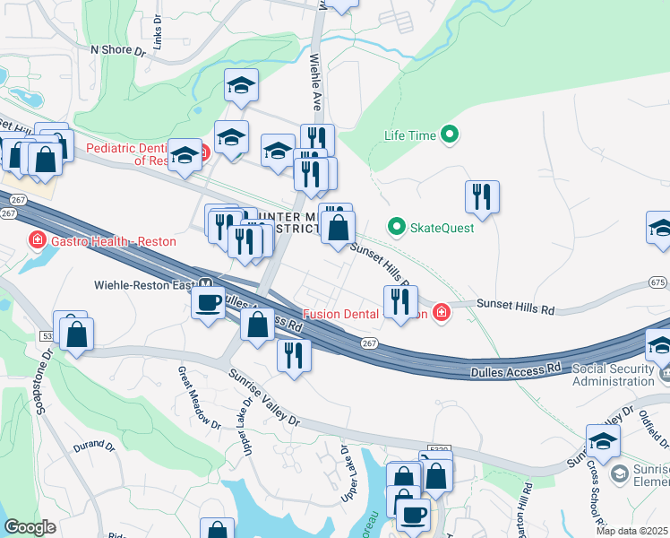 map of restaurants, bars, coffee shops, grocery stores, and more near 11234 Bunsen Street in Reston