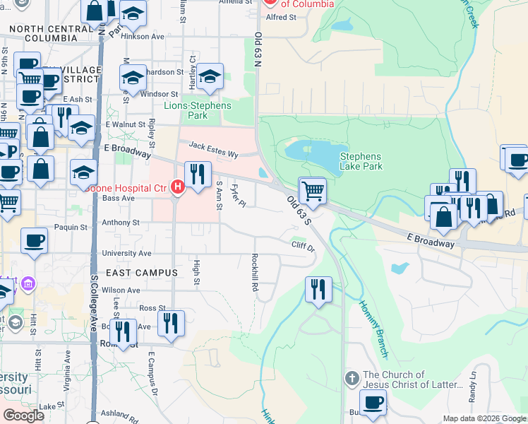 map of restaurants, bars, coffee shops, grocery stores, and more near 1804 Sunrise Drive in Columbia