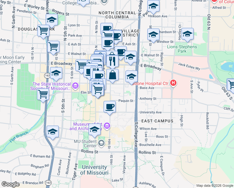 map of restaurants, bars, coffee shops, grocery stores, and more near 1102 Locust Street in Columbia