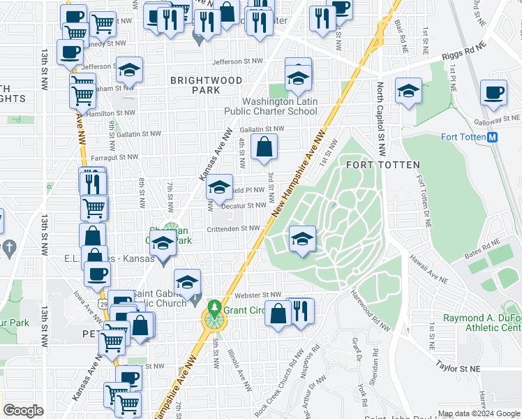 map of restaurants, bars, coffee shops, grocery stores, and more near 310 Decatur Street Northwest in Washington