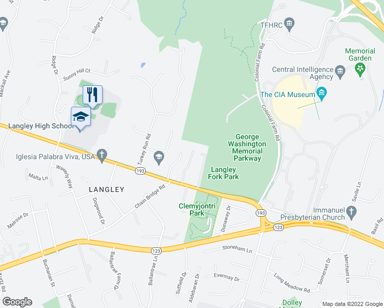 map of restaurants, bars, coffee shops, grocery stores, and more near 1090 Langley Fork Lane in McLean