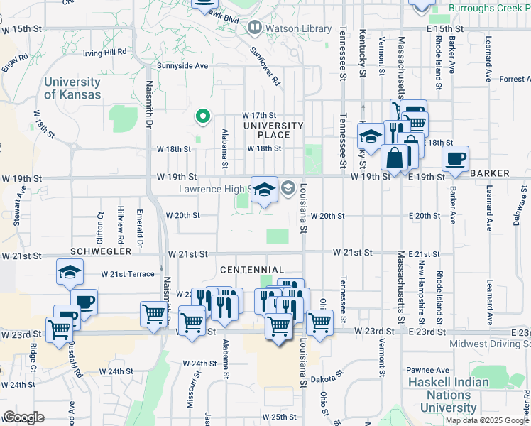 map of restaurants, bars, coffee shops, grocery stores, and more near 1901 Louisiana Street in Lawrence