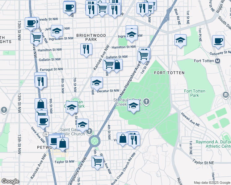 map of restaurants, bars, coffee shops, grocery stores, and more near 310 Decatur Street Northwest in Washington