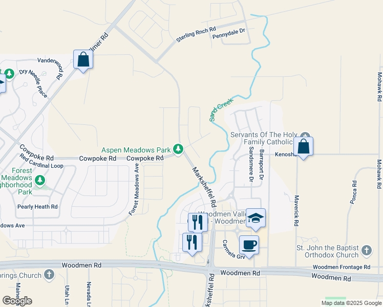 map of restaurants, bars, coffee shops, grocery stores, and more near 8105 Mustang Place in Colorado Springs