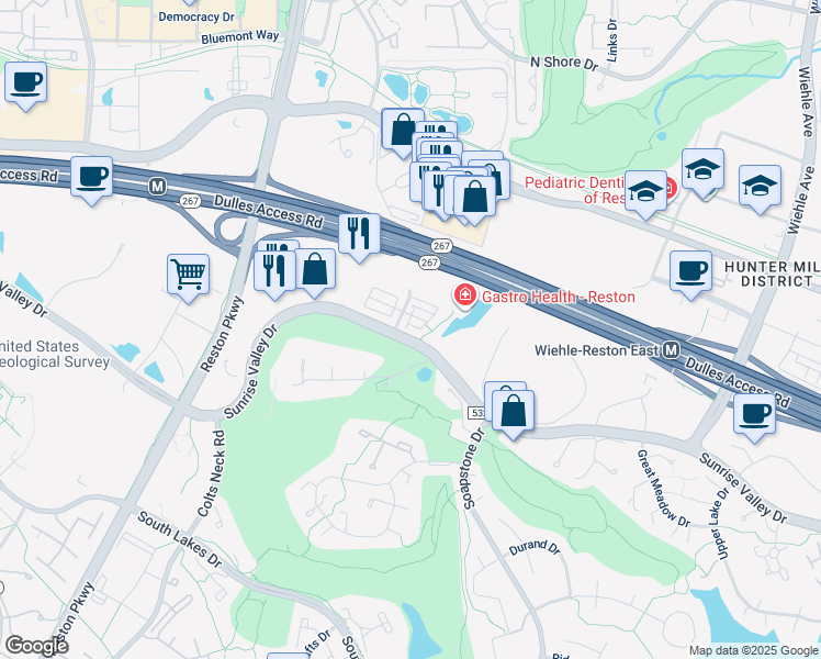 map of restaurants, bars, coffee shops, grocery stores, and more near 1951 Reston Valley Way in Reston