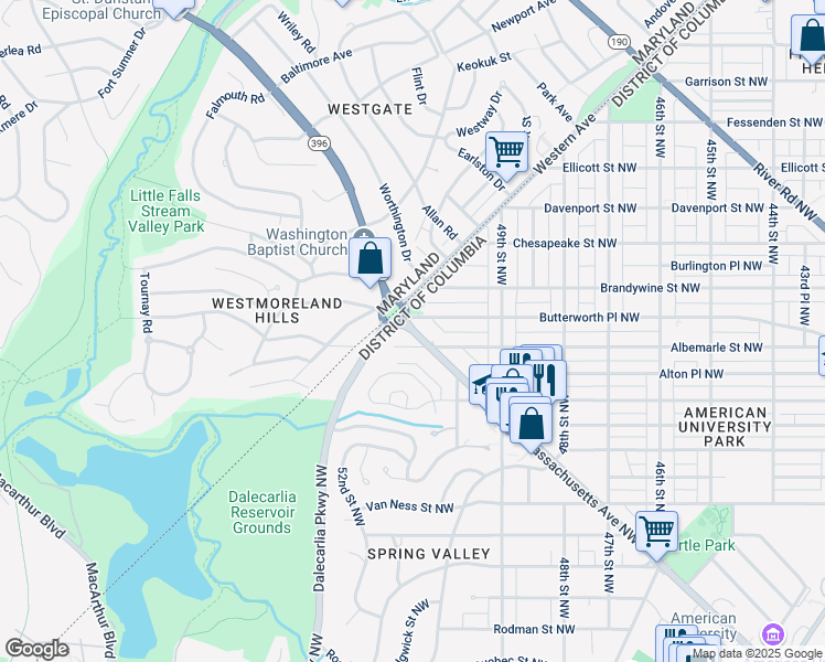 map of restaurants, bars, coffee shops, grocery stores, and more near 8836 Massachusetts Avenue Northwest in Washington