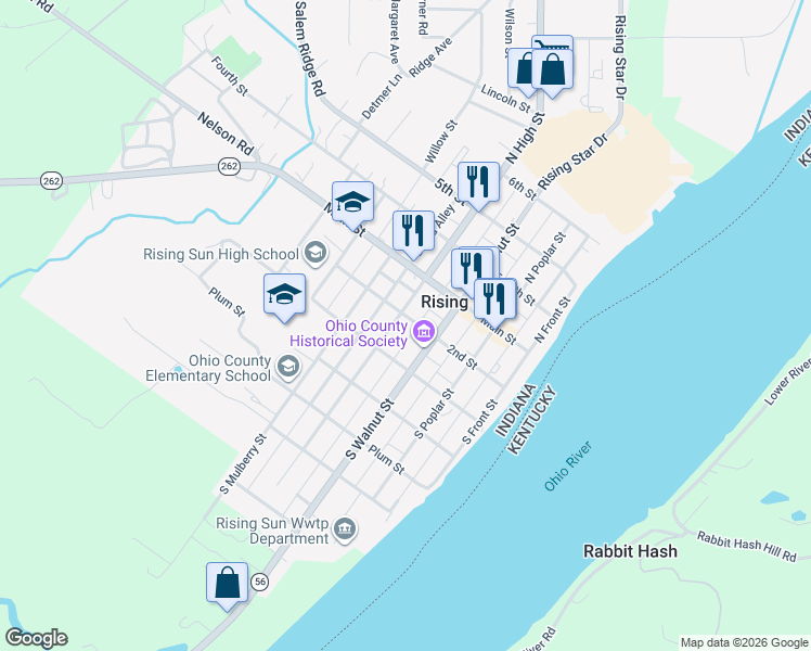 map of restaurants, bars, coffee shops, grocery stores, and more near 122 South High Street in Rising Sun