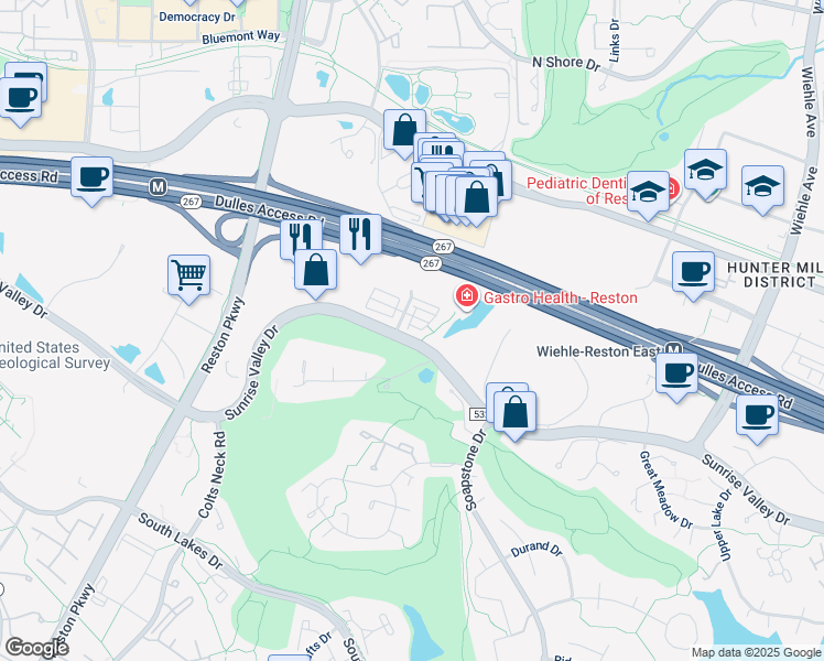 map of restaurants, bars, coffee shops, grocery stores, and more near 1951 Reston Valley Way in Reston