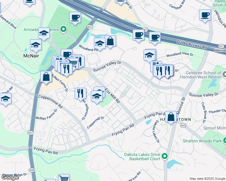 map of restaurants, bars, coffee shops, grocery stores, and more near 2506 Deer Wood Court in Herndon