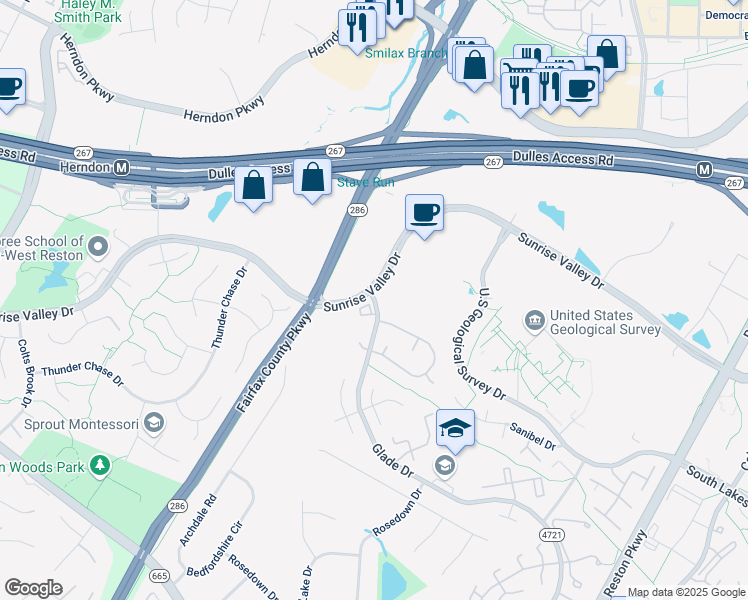 map of restaurants, bars, coffee shops, grocery stores, and more near 12465 Glade Drive in Reston