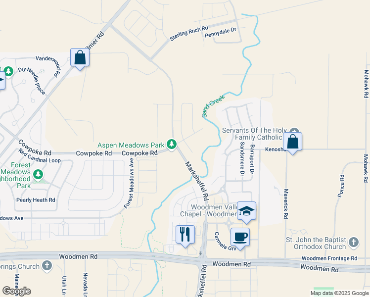 map of restaurants, bars, coffee shops, grocery stores, and more near 8105 Mustang Place in Colorado Springs
