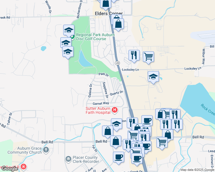 map of restaurants, bars, coffee shops, grocery stores, and more near 11711 Quartz Drive in Auburn