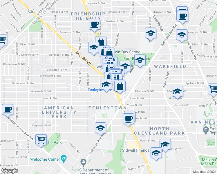 map of restaurants, bars, coffee shops, grocery stores, and more near 4101 Albemarle Street Northwest in Washington
