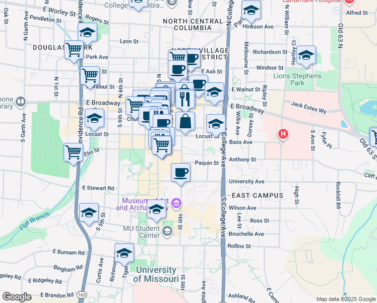 map of restaurants, bars, coffee shops, grocery stores, and more near 1102 Locust Street in Columbia