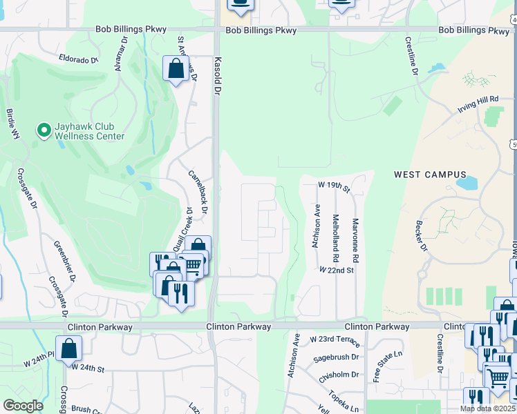 map of restaurants, bars, coffee shops, grocery stores, and more near 1904 Jenny Wren Rd in Lawrence