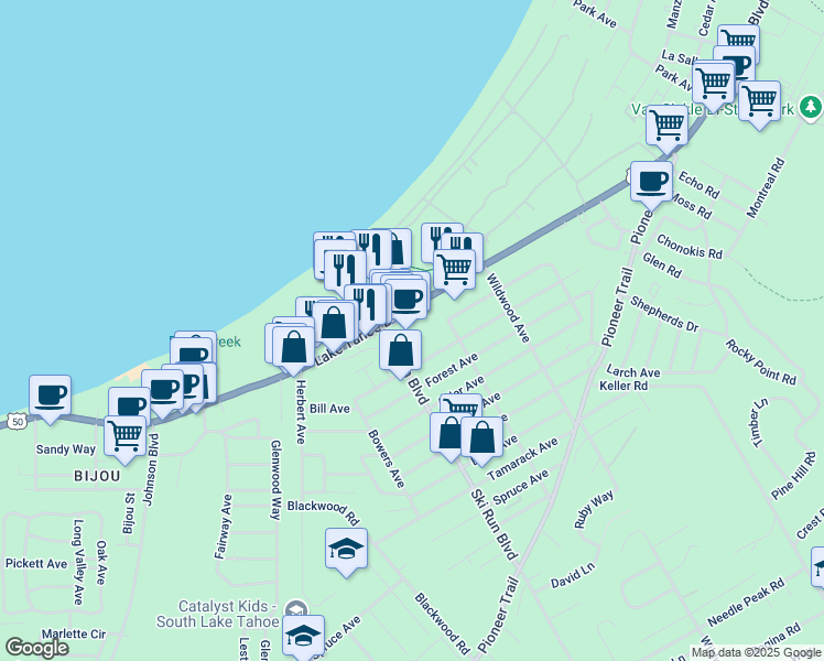 map of restaurants, bars, coffee shops, grocery stores, and more near 3676 Lake Tahoe Boulevard in South Lake Tahoe