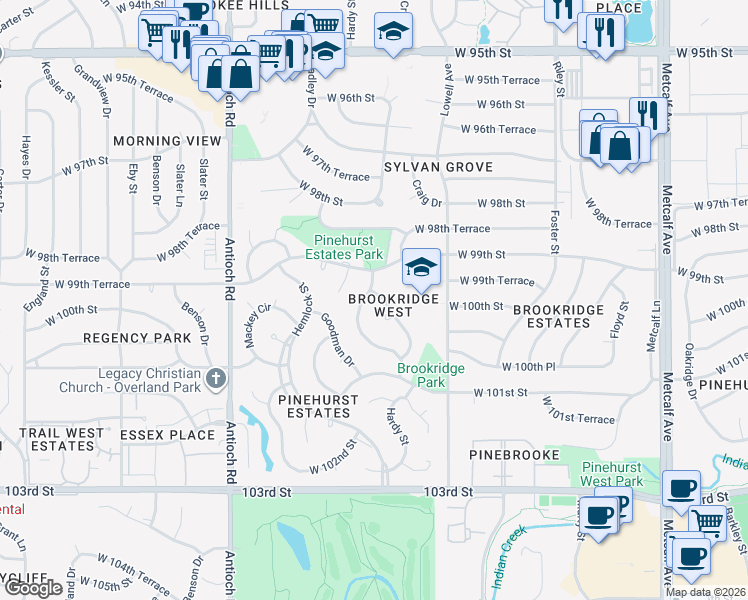 map of restaurants, bars, coffee shops, grocery stores, and more near 9909 Craig Drive in Overland Park