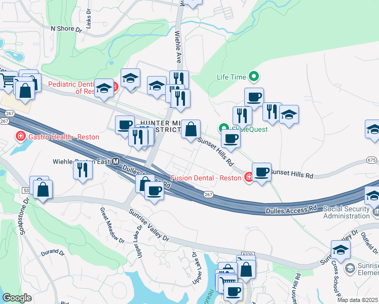 map of restaurants, bars, coffee shops, grocery stores, and more near 11234 Bunsen Street in Reston
