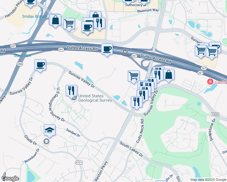map of restaurants, bars, coffee shops, grocery stores, and more near 12018 Sunrise Valley Drive in Reston