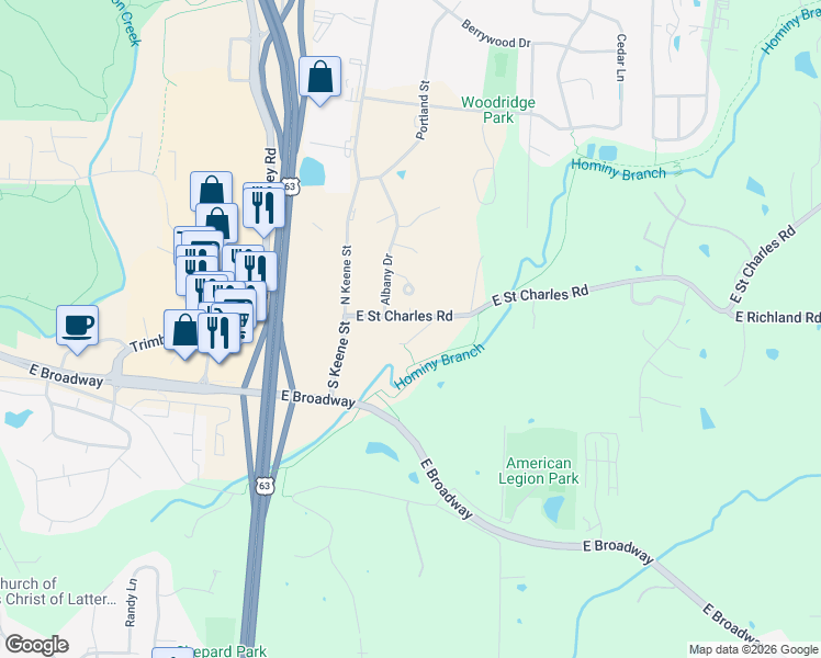map of restaurants, bars, coffee shops, grocery stores, and more near 3409 East Saint Charles Road in Columbia