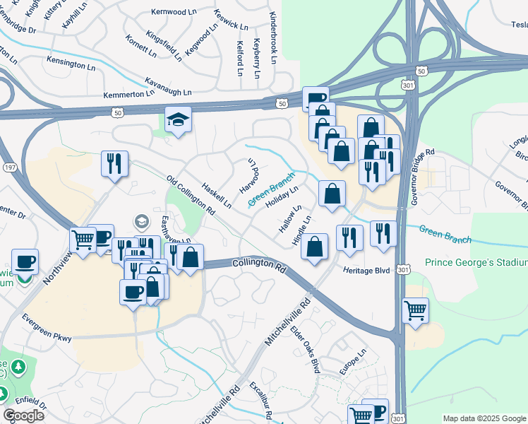 map of restaurants, bars, coffee shops, grocery stores, and more near 12844 Holiday Lane in Bowie