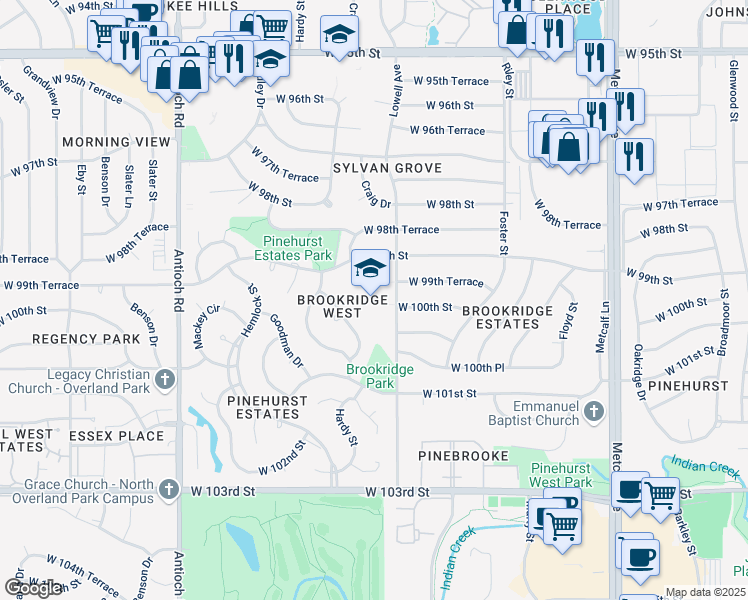 map of restaurants, bars, coffee shops, grocery stores, and more near 9920 Lowell Avenue in Overland Park