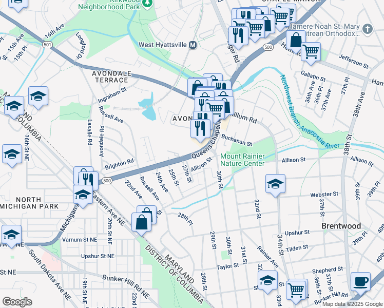 map of restaurants, bars, coffee shops, grocery stores, and more near 2600 Queens Chapel Road in Chillum