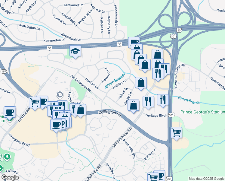 map of restaurants, bars, coffee shops, grocery stores, and more near 12844 Holiday Lane in Bowie