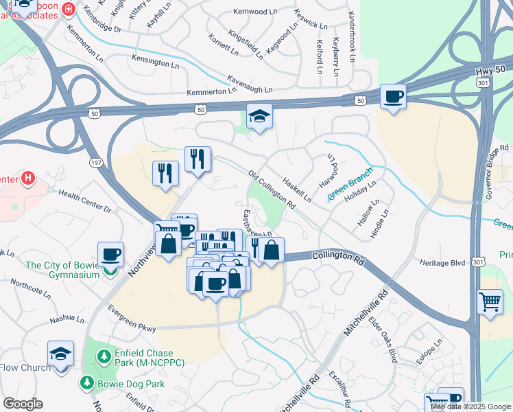 map of restaurants, bars, coffee shops, grocery stores, and more near 15728 Easthaven Court in Bowie