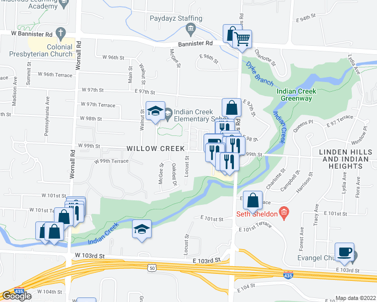 map of restaurants, bars, coffee shops, grocery stores, and more near Locust St & E 99th St in Kansas City
