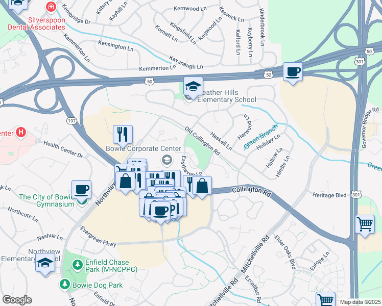map of restaurants, bars, coffee shops, grocery stores, and more near 15732 Easthaven Court in Bowie