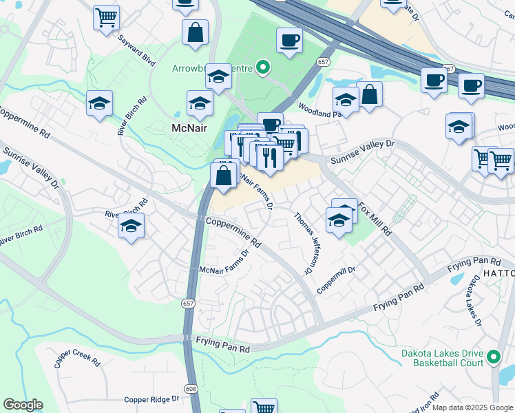 map of restaurants, bars, coffee shops, grocery stores, and more near 13386 Spofford Road in Herndon