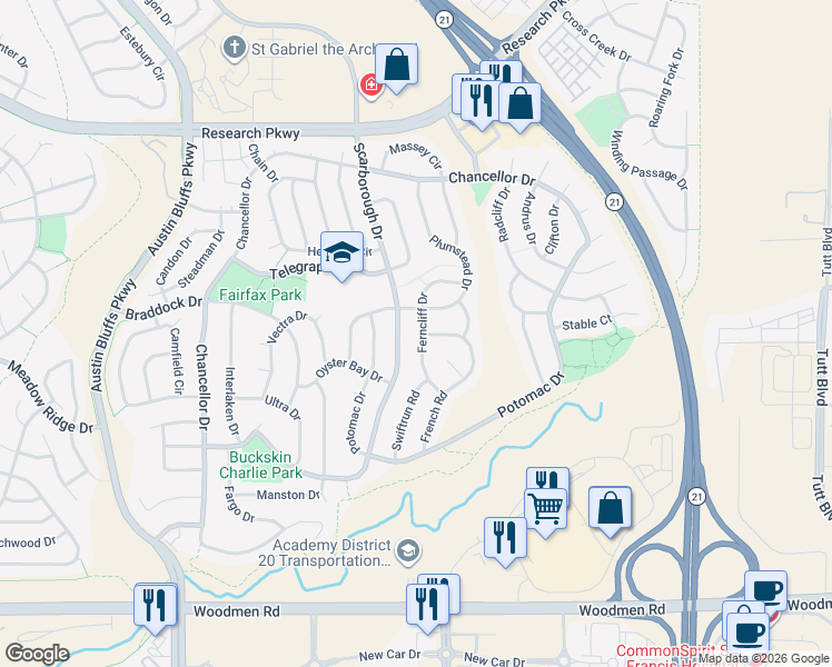 map of restaurants, bars, coffee shops, grocery stores, and more near 8023 Ferncliff Drive in Colorado Springs