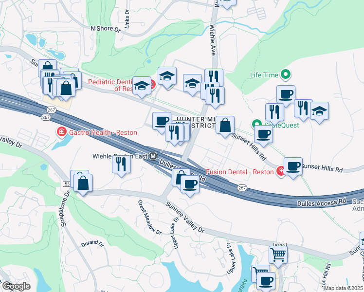map of restaurants, bars, coffee shops, grocery stores, and more near 1900 Reston Station Boulevard in Reston