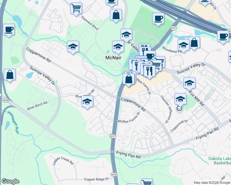 map of restaurants, bars, coffee shops, grocery stores, and more near 13490 Coppermine Road in Herndon