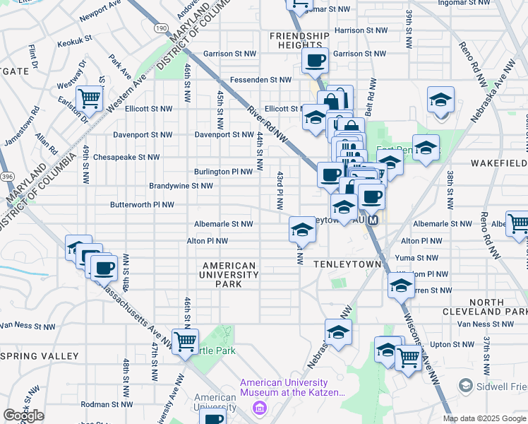map of restaurants, bars, coffee shops, grocery stores, and more near 4515 44th Street Northwest in Washington
