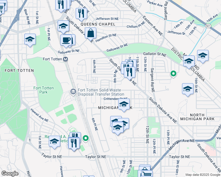 map of restaurants, bars, coffee shops, grocery stores, and more near 4903 7th Place Northeast in Washington